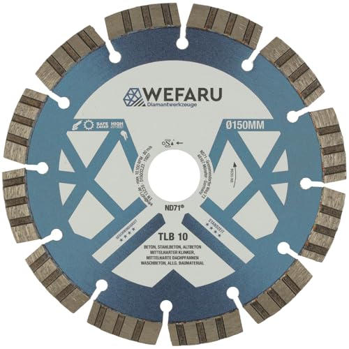 WEFARU Diamanttrennscheibe TLB 10 Ø 150 mm – Turbo-Segmente, 22,23 mm Bohrung, 10 mm Segmenthöhe – Profi-Trennscheibe für Beton, Ziegel, Waschbeton, Kalksandstein – Nass- & Trockenschnitt WEFARU Diamanttrennscheibe TLB 10 Ø 150 mm – Turbo-Segmente, 22,23 mm Bohrung, 10 mm Segmenthöhe – Profi-Trennscheibe für Beton, Ziegel, Waschbeton, Kalksandstein – Nass- & Trockenschnitt von wefaru