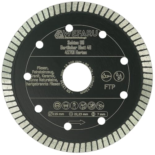 WEFARU Premium Diamanttrennscheibe FTP Ø 115 mm, 22,23 mm Bohrung – Extra Dünn, Feinschnitt für Fliesen, Feinsteinzeug, Keramik & Naturstein, Vollrand-Turbo, Nass & Trocken für Winkelschleifer WEFARU Premium Diamanttrennscheibe FTP Ø 115 mm, 22,23 mm Bohrung – Extra Dünn, Feinschnitt für Fliesen, Feinsteinzeug, Keramik & Naturstein, Vollrand-Turbo, Nass & Trocken für Winkelschleifer von wefaru