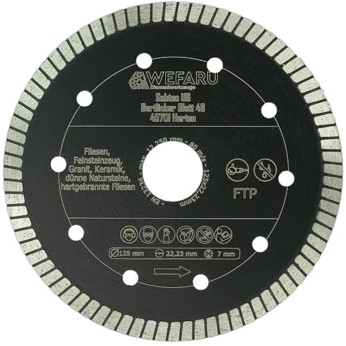 WEFARU Premium Diamanttrennscheibe FTP Ø 125 mm, 22,23 mm Bohrung – Extra Dünn, Feinschnitt für Fliesen, Feinsteinzeug, Keramik & Naturstein, Vollrand-Turbo, Nass & Trocken für Winkelschleifer WEFARU Premium Diamanttrennscheibe FTP Ø 125 mm, 22,23 mm Bohrung – Extra Dünn, Feinschnitt für Fliesen, Feinsteinzeug, Keramik & Naturstein, Vollrand-Turbo, Nass & Trocken für Winkelschleifer von wefaru
