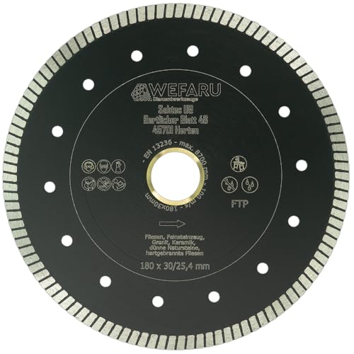 WEFARU Premium Diamanttrennscheibe FTP Ø 180 mm, 30,0/25,4 mm Bohrung – Extra Dünn, Feinschnitt für Fliesen, Feinsteinzeug, Keramik & Naturstein, Vollrand-Turbo, Nass & Trocken für Tischsägen WEFARU Premium Diamanttrennscheibe FTP Ø 180 mm, 30,0/25,4 mm Bohrung – Extra Dünn, Feinschnitt für Fliesen, Feinsteinzeug, Keramik & Naturstein, Vollrand-Turbo, Nass & Trocken für Tischsägen von wefaru