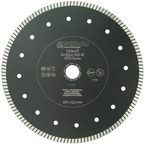 WEFARU Premium Diamanttrennscheibe FTP Ø 230 mm, 22,23 mm Bohrung – Extra Dünn, Feinschnitt für Fliesen, Feinsteinzeug, Keramik & Naturstein, Vollrand-Turbo, Nass & Trocken für Winkelschleifer WEFARU Premium Diamanttrennscheibe FTP Ø 230 mm, 22,23 mm Bohrung – Extra Dünn, Feinschnitt für Fliesen, Feinsteinzeug, Keramik & Naturstein, Vollrand-Turbo, Nass & Trocken für Winkelschleifer von wefaru