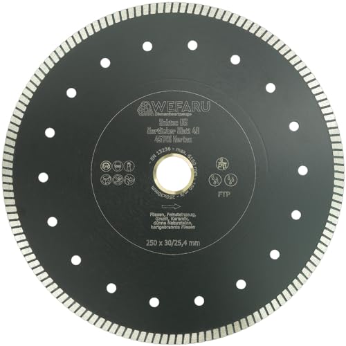 WEFARU Premium Diamanttrennscheibe FTP Ø 250 mm, 30,0/25,4 mm Bohrung – Extra Dünn, Feinschnitt für Fliesen, Feinsteinzeug, Keramik & Naturstein, Vollrand-Turbo, Nass & Trocken für Tischsägen WEFARU Premium Diamanttrennscheibe FTP Ø 250 mm, 30,0/25,4 mm Bohrung – Extra Dünn, Feinschnitt für Fliesen, Feinsteinzeug, Keramik & Naturstein, Vollrand-Turbo, Nass & Trocken für Tischsägen von wefaru