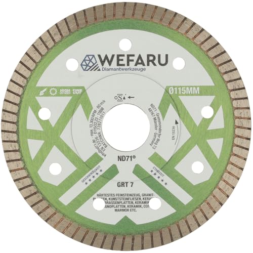 WEFARU Premium Diamanttrennscheibe GRT 7 Ø 115 mm, 22,23 mm Bohrung – Turbo-Schneidrand – für härtestes Feinsteinzeug, Fliesen, Keramik & Granitplatten WEFARU Premium Diamanttrennscheibe GRT 7 Ø 115 mm, 22,23 mm Bohrung – Turbo-Schneidrand – für härtestes Feinsteinzeug, Fliesen, Keramik & Granitplatten von wefaru