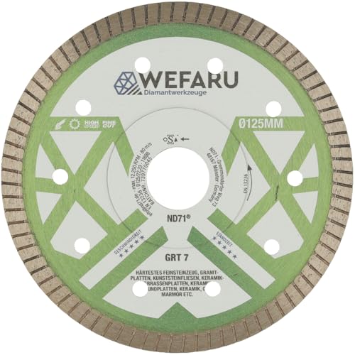 WEFARU Premium Diamanttrennscheibe GRT 7 Ø 125 mm, 22,23 mm Bohrung – Turbo-Schneidrand – für härtestes Feinsteinzeug, Fliesen, Keramik & Granitplatten WEFARU Premium Diamanttrennscheibe GRT 7 Ø 125 mm, 22,23 mm Bohrung – Turbo-Schneidrand – für härtestes Feinsteinzeug, Fliesen, Keramik & Granitplatten von wefaru