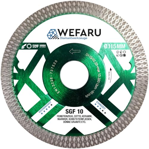 WEFARU Profi Diamanttrennscheibe Fliese SGF 10 Ø 115 mm – Gesinterte Trennscheibe mit Vollrand-Ornament – ideal für Fliesen, Feinsteinzeug, Keramik & Marmor – vibrationsarm, trocken, Winkelschleifer von wefaru