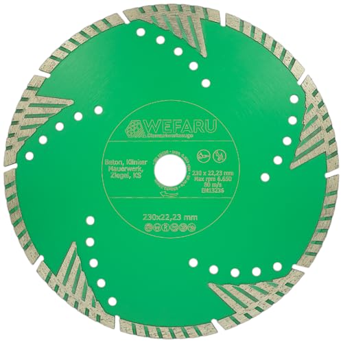 WEFARU Profi Diamanttrennscheibe SMR 8 | Ø 230 mm | Für Mauerschlitzfräse & Winkelschleifer | Turbo-Vollrand | Beton, Ziegel, Mauerwerk | Aggressiver Schnitt | Nass & Trocken WEFARU Profi Diamanttrennscheibe SMR 8 | Ø 230 mm | Für Mauerschlitzfräse & Winkelschleifer | Turbo-Vollrand | Beton, Ziegel, Mauerwerk | Aggressiver Schnitt | Nass & Trocken von wefaru