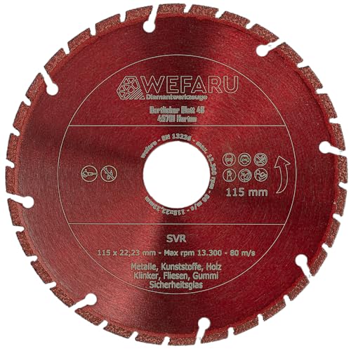 WEFARU Universal Diamanttrennscheibe SVR Ø 115 mm – 22,23 mm Bohrung – Profi Trennscheibe für Metall, Kunststoff, Verbundmaterial, GFK, CfK – Vakuumgelötet – Trockenschnitt – für Winkelschleifer WEFARU Universal Diamanttrennscheibe SVR Ø 115 mm – 22,23 mm Bohrung – Profi Trennscheibe für Metall, Kunststoff, Verbundmaterial, GFK, CfK – Vakuumgelötet – Trockenschnitt – für Winkelschleifer von wefaru