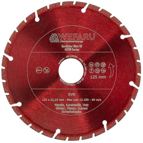 WEFARU Universal Diamanttrennscheibe SVR Ø 125 mm – 22,23 mm Bohrung – Profi Trennscheibe für Metall, Kunststoff, GFK, CfK, Verbundmaterial – Vakuumgelötet – Trockenschnitt – für Winkelschleifer WEFARU Universal Diamanttrennscheibe SVR Ø 125 mm – 22,23 mm Bohrung – Profi Trennscheibe für Metall, Kunststoff, GFK, CfK, Verbundmaterial – Vakuumgelötet – Trockenschnitt – für Winkelschleifer von wefaru