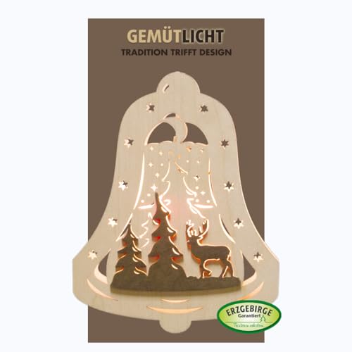 WEIGLA - Fensterbild original Erzgebirge Glocke Waldmotiv I Weihnachtsdeko Fenster I 1 Lampe I 7 W, E14 I Fensterbild Weihnachten I Weihnachtsbeleuchtung aus Holz I Fensterdeko hängend von weigla
