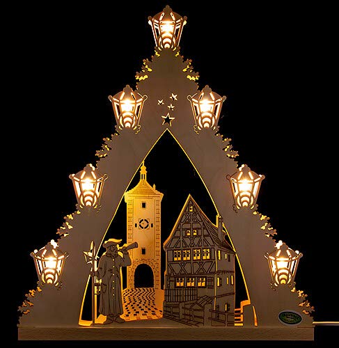 weigla - Lichterspitze original Erzgebirge I Motiv Rothenburg ob der Tauber I LED Lichterbogen Weihnachten I 7 Lampenkerzen + 1 Ersatzlampe I 7 x 34 V, 0,2 W, E10 I Weihnachtsdeko innen I aus Holz von weigla