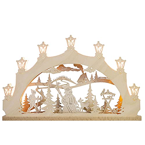 weigla - Schwibbogen original Erzgebirge I Motiv Schneemann I LED -Lichterbogen Weihnachten I 7 Lampenkerzen + 1 Ersatzlampe I 7 x 34 V, 0,2 W, E10 I beleuchtete Weihnachtsdeko innen I aus Holz von weigla