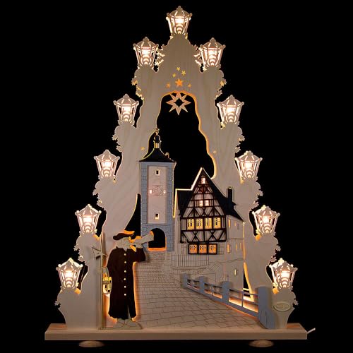 weigla - Lichterspitze original Erzgebirge I Motiv Rothenburg ob der Tauber I LED Lichterbogen Weihnachten I 15 Lampenkerzen + 1 Ersatzlampe I 15 x 16 V, 0,2 W, E10 I Weihnachtsdeko innen I aus Holz von weigla