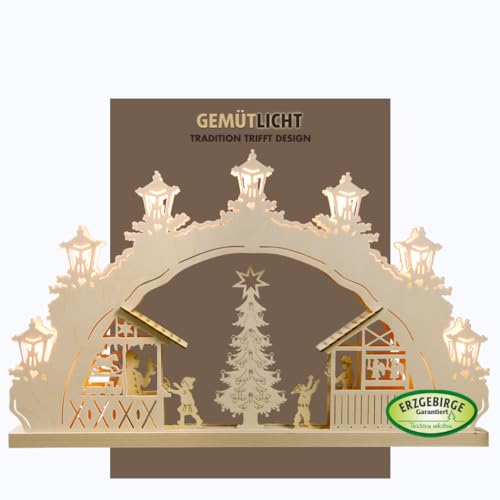 weigla - Schwibbogen original Erzgebirge 7 flg. Weihnachtsmarkt - Lichterbogen Weihnachten - 7 x 34 V, 3 W, E10 - Weihnachtsdeko innen - Schwibbogen aus Holz von weigla