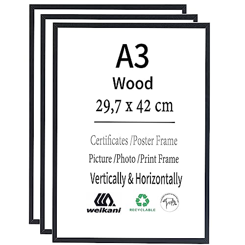 Weikani A3-Zertifikat-Bilderrahmen,schwarzer Holz rahmen mit high Definition Plexi-glas für Wandmontage-Display, 29,7x42 cm, 3er-Set von Weikani