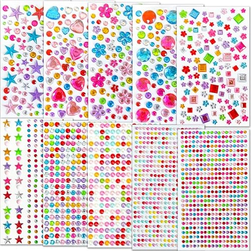 Wenrescry 2150 Stück Glitzersteine Selbstklebend, Mehrfarbig Strasssteine zum Basteln, Glitzer Sticker für Kinder DIY Handwerke, Verschiedene Formen, Schmucksteine Deko für Gesicht und Nägel von wenrescry