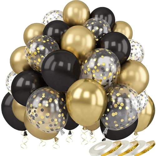 wenweo Luftballons Geburtstag • [55 Stück] • 12 zoll Premium Schwarze Ballons aus 100% Naturlatex • Helium Luftballons Schwarz Gold • Luftballon Girlande • Perfekt für Feiertage oder Partydekorationen von wenweo