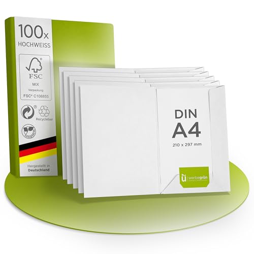 werbegruen Präsentationsmappe 100 Stück A4 Weiß Hochwertig | Stabiler, DIN A4 320g/m² Karton | Made in Germany | Visitenkartenschlitz | Einschlagmappe, Zeugnismappe, Dokumentenmappe von werbegruen