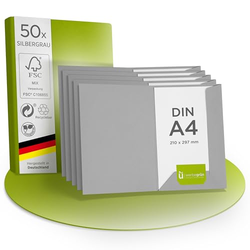 werbegruen Präsentationsmappe A4 Silbergrau Hochwertig | Stabiler, DIN A4 320g/m² Karton | Made in Germany | Visitenkartenschlitz | Einschlagmappe, Zeugnismappe, Dokumentenmappe | 50 Stück von werbegruen