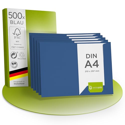 500 Hochwertige Präsentationsmappen - DIN-A4 BLAU Stabiler durchgefärbter 320g/m² Karton - eigene Herstellung in Deutschland (Dokumentenmappen Angebotsmappen Pappmappen Arbeitsmappen Pappe) von werbegruen