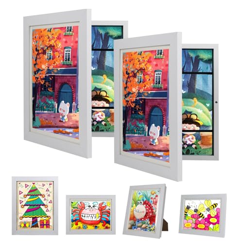 wesellcan 2 Stück Bilderrahmen Kinderzeichnungen A4,Bilderrahmen Aufklappbar für Kinderbilder,Frontöffnung Phoframe für Kunstwerke,Ideal für Kinderzeichnungen,Kunstprojekte,mit Aufbewahrung(Weiß) von wesellcan