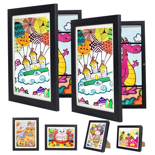 wesellcan 2 Stück Bilderrahmen Kinderzeichnungen A4,Bilderrahmen Aufklappbar für Kinderbilder,Frontöffnung Phoframe für Kunstwerke,Kunstprojekte,mit Aufbewahrung,Tief zum Befüllen(Schwarz) von wesellcan