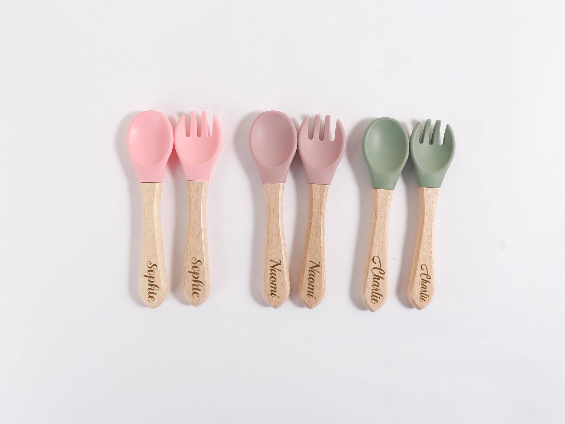 Personalized Engraved Wooden & Silicone Weaning Spoon, Fork, Cutlery Set, Baby Fork, Toddler Spoon Personalized Engraved Wooden & Silicone Weaning Spoon, Fork, Cutlery Set, Baby Fork, Toddler Spoon von whalement