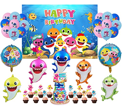Baby Hai Aluminium Luftballons Shark Geburtstag Dekorationen Hintergrund Banner für Hai Party Supplies von whdiduo