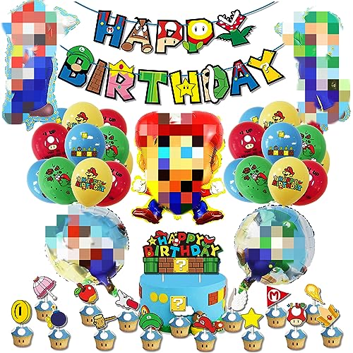 Geburtstag Super Brother Luftballons, Mario Geburtstag Dekoration Folienballons Alles Gute Zum Geburtstag Banner Kuchen für Kinder Party Favors Dekorationen Zubehör von whdiduo