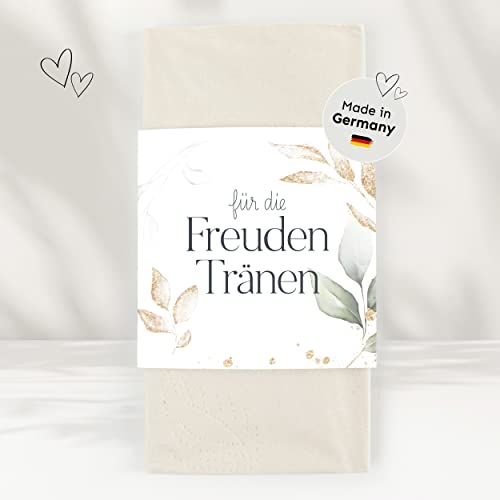 25 Freudentränen Taschentücher Banderolen inkl. Klebepunkte für deine Hochzeit | Eukalyptus gold - Premium Tränentaschentücher Banderolen Set für Hochzeit, Kirche, Feier, Taufe, Geburtstag von white & ivory