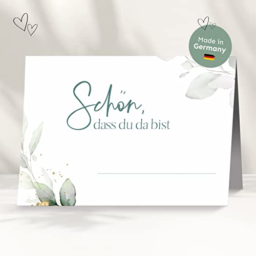25 Tischkarten für deine Hochzeit | Eukalyptus türkis - Premium Platzkarte " schön dass du da bist" im Set, Sitzplatzkarte, Design Namenskarte für Gäste von white & ivory