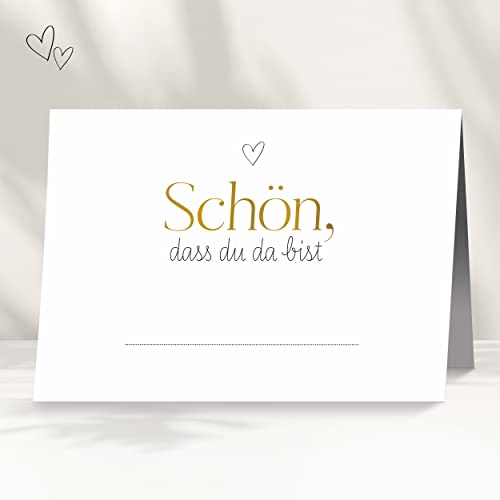 25 Tischkarten für deine Hochzeit | Herz gold - Premium Platzkarte "schön dass du da bist" im Set, Sitzplatzkarte, Design Namenskarte für Gäste von white & ivory