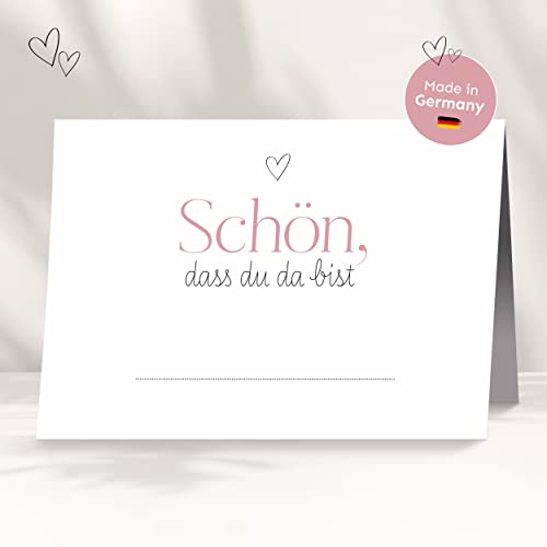25 Tischkarten für deine Hochzeit | Herz rosa - Premium Platzkarte "schön dass du da bist" im Set, Sitzplatzkarte, Design Namenskarte für Gäste von white & ivory