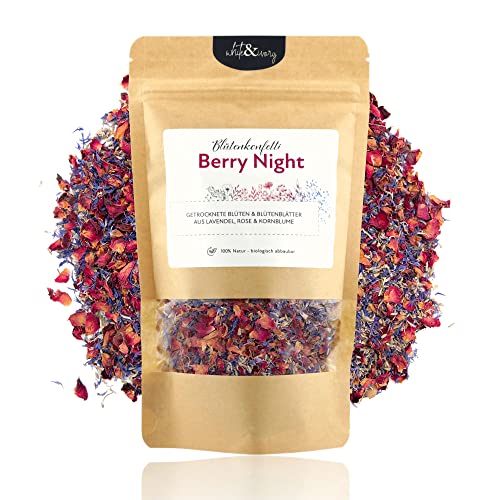 Natürliches Blütenkonfetti Hochzeit „Berry Night" aus getrockneten Blütenblättern - Duft-intensiv - 100% biologisch abbaubar - Streublumen Mischung Lavendel, Rose und Kornblume (60g / 1 Liter) von white & ivory