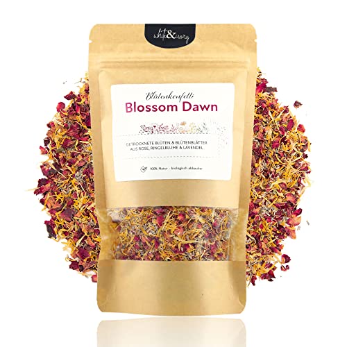 Natürliches Blütenkonfetti Hochzeit „Blossom Dawn" aus getrockneten Blütenblättern - Duft-intensiv - 100% biologisch abbaubar - Streublumen Mischung Lavendel, Rose und Ringelblume (30g / 0,5 Liter) von white & ivory