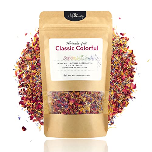 Natürliches Blütenkonfetti Hochzeit „Classic Colorful“ aus getrockneten Blütenblättern - Duft-intensiv - 100% biologisch - Streublumen Mischung Lavendel Rose Kornblume Ringelblume (180g / 3 Liter) von white & ivory