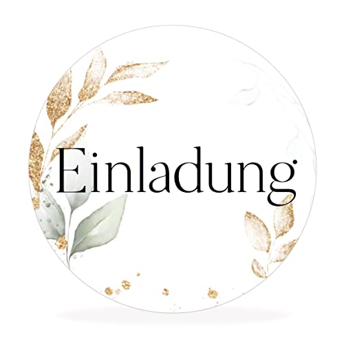 White&ivory, 10 runde Aufkleber, Sticker „Einladung“ | stilvolles Design: Eukalyptus, gold | 4cm Durchmesser | selbstklebend | Gastgeschenke für Hochzeit Taufe Geburtstag von white & ivory