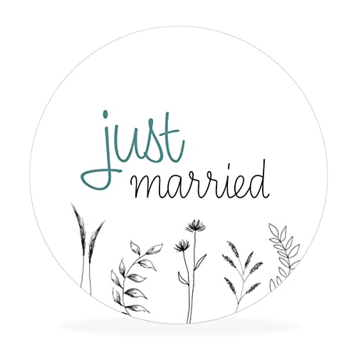 White&ivory, 10 runde Aufkleber, Sticker „just married“ | stilvolles Design: minimalistisch, floral | 4cm Durchmesser | selbstklebend | Gastgeschenke für Hochzeit Taufe Geburtstag von white & ivory