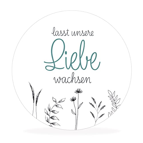 White&ivory, 10 runde Aufkleber, Sticker „lasst unsere Liebe wachsen“ | stilvolles Design: minimalistisch, floral | 4cm Durchmesser | selbstklebend | Gastgeschenke für Hochzeit Taufe Geburtstag von white & ivory