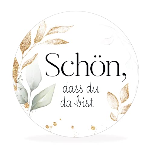 White&ivory, 50 runde Aufkleber, Sticker Schön, dass du da bist | stilvolles Design: Eukalyptus, gold | 4cm Durchmesser | selbstklebend | Gastgeschenke für Hochzeit Taufe Geburtstag White&ivory, 50 runde Aufkleber, Sticker Schön, dass du da bist | stilvolles Design: Eukalyptus, gold | 4cm Durchmesser | selbstklebend | Gastgeschenke für Hochzeit Taufe Geburtstag von white & ivory
