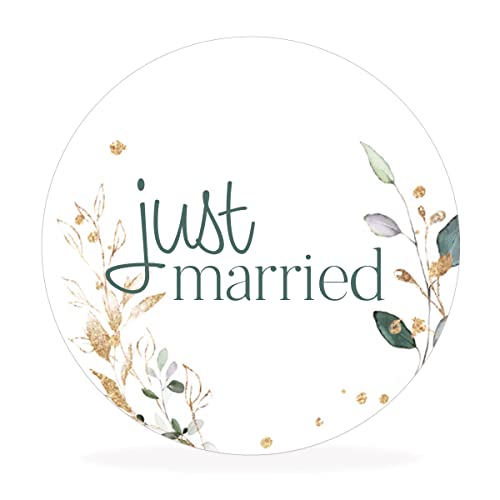 white&ivory, 10 runde Aufkleber, Sticker „just married“ | stilvolles Design: floral | 4cm Durchmesser | selbstklebend | Gastgeschenke für Hochzeit Taufe Geburtstag von white & ivory