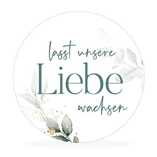 white & ivory 10 runde Aufkleber, Sticker "Lasst unsere Liebe wachsen" | 4cm Durchmesser | Gastgeschenke für Hochzeit Taufe Geburtstag | selbstklebend | stilvolles Design von white & ivory