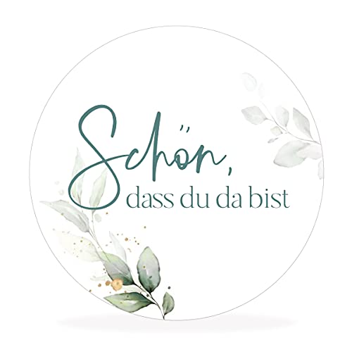 white & ivory 50 runde Aufkleber, Sticker "SCHÖN DASS DU DA BIST" | türkis | 4cm Durchmesser | Gastgeschenke für Hochzeit Taufe Geburtstag | selbstklebend | stilvolles Design von white & ivory