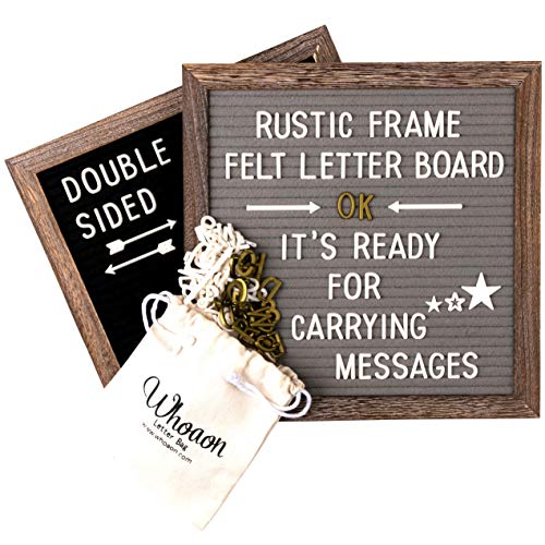 Rustic Wood Frame Double Sided Gray & Black Felt Letter Board 10x10 inch. Precut White & Gold Letters, Script Cursive Words, Wood Stand, Scissors. Changeable Letter Sign for Rustic Farmhouse Wall Deco von whoaon