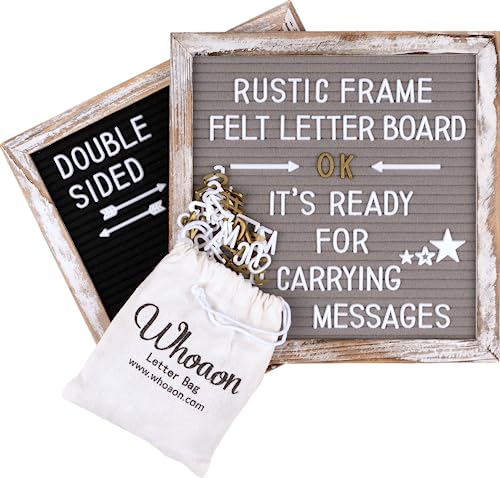 Whitewashed Rustic Wood Frame Double Sided Gray & Black Felt Letter Board 10x10 inch. Precut White & Gold Letters, Script Cursive Words, Wood Stand, Scissors. Changeable Letter Sign for Rustic Farmhou von whoaon