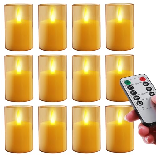 wiipara 12 Stück LED Kerzen Set mit Fernbedienung und Timer Funktion, Elektrische Teelichter mit Abdeckung, Flackernde Flamme, Realistische LED Candles Kerzenlampe für Party, Home Decor, Camping(Gold) von wiipara