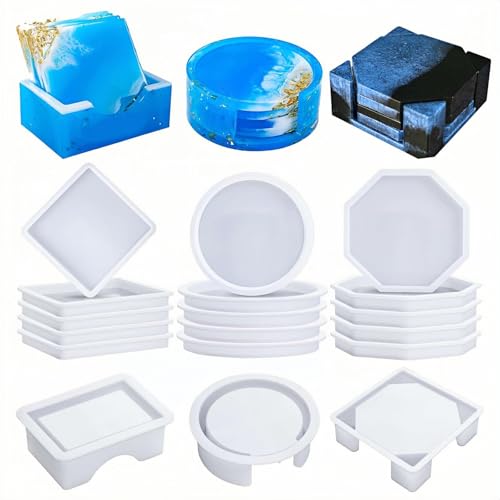 WIKIMO 15 Stück Silikonformen gießformen für Untersetzer, Untersetzerformen mit Runder, Quadratischer und Achteckiger Form für Epoxidharz, Silikon Gießformen zur Konservierung von Blumensträußen von wikimo