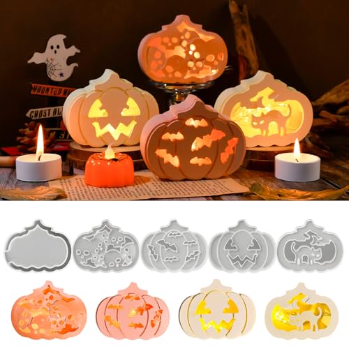 WIKIMO 5 Stück Silikonformen Gießformen Kürbis für Halloween, Gießformen Silikon Herbst mit Totenkopf, Kürbis, Fledermäusen Und Katzen Kerzenformen Zum Gießen von wikimo