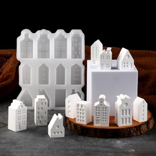 WIKIMO Silikonformen Gießformen für 12 Arten von Mini Haus 3D Einfache Freigabe Silikonform Weihnachten für Häuser, DIY Gipsformen zum Gießen von wikimo