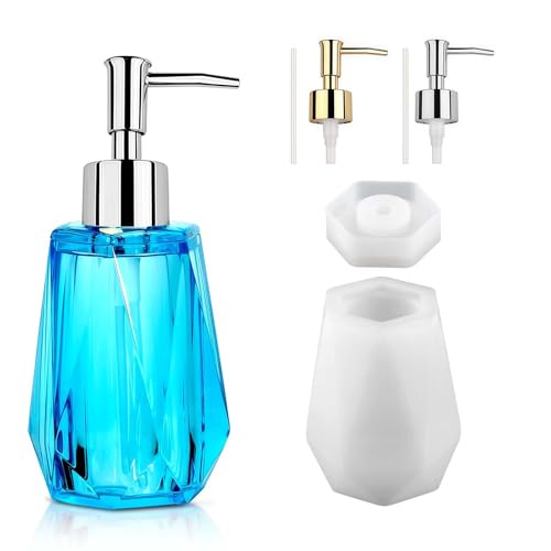 WIKIMO 4 Pcs Silikon Epoxidharz Formen für Seifenspender, Leicht zu Lösen Silikonformen Gießformen Flasche Mit Pumpe und Strohhalm, Silikonform Gießform Set für DIY Badezimmer (Polygon) von wikimo