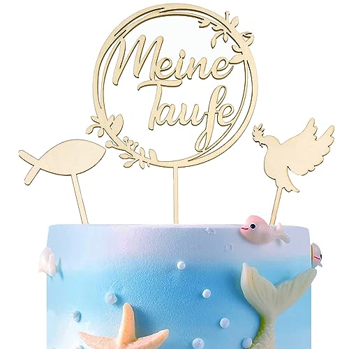 3pcs Cake Topper Taufe Holz, Taufe Torten Topper, Tortendeko Taufe, Tortendeko Party Dekoration, Taube Fisch Kranz Kuchen Deko, Meine Taufe Torten Topper für Junge, Mädchen,Weihnachten von winbest